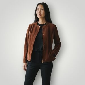 Isaac Mizrahi Live Womens Leather Jacket Brown‎ 14 Quilted Panels Snap Closure